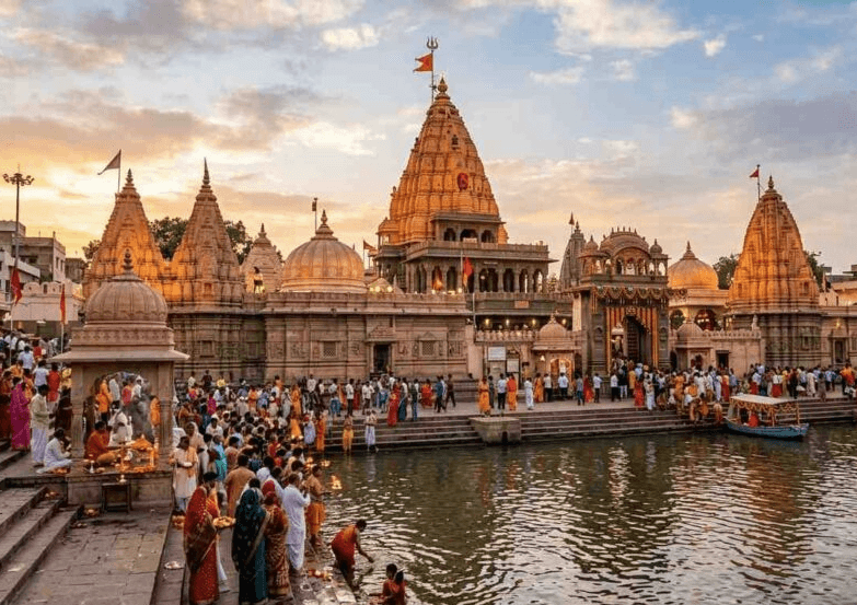 Devotees gathered beside the temple ghats in Ujjain at sunset